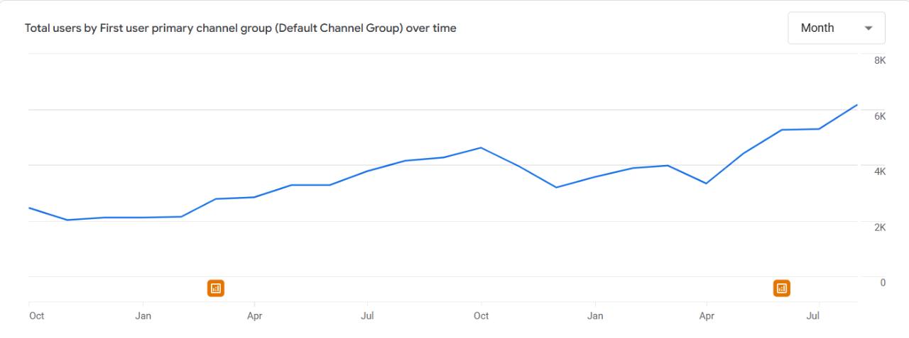 Google Analytics monthly organic users for the established local business, showing an initial decline followed by an overall upward trend with fluctuations.